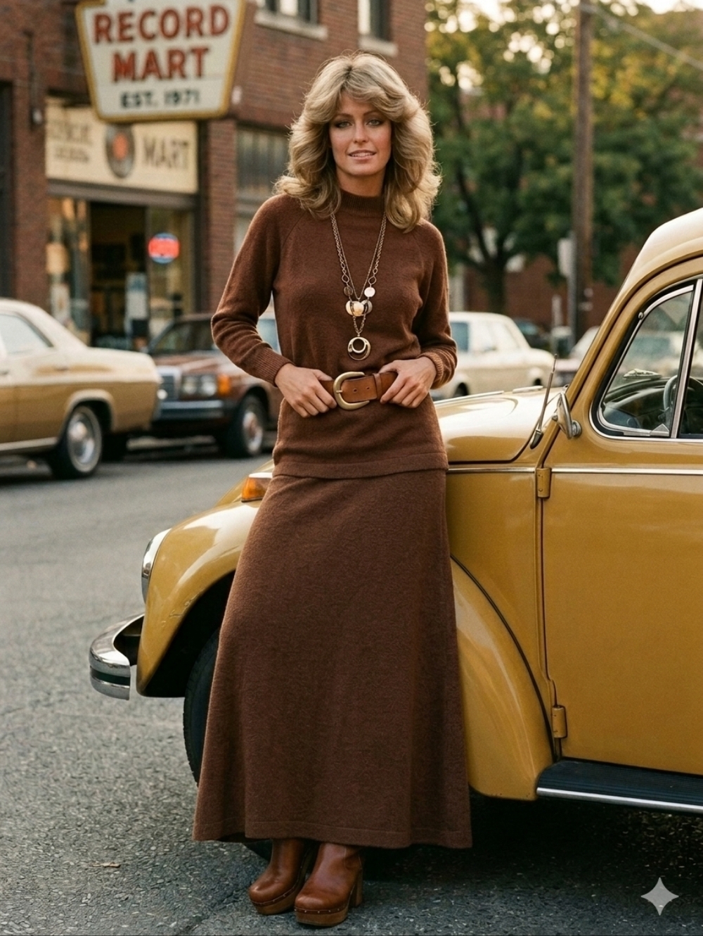 Vintage 70's Talbott Traveler Women’s Brown Knit Turtleneck & Midi Skirt Set